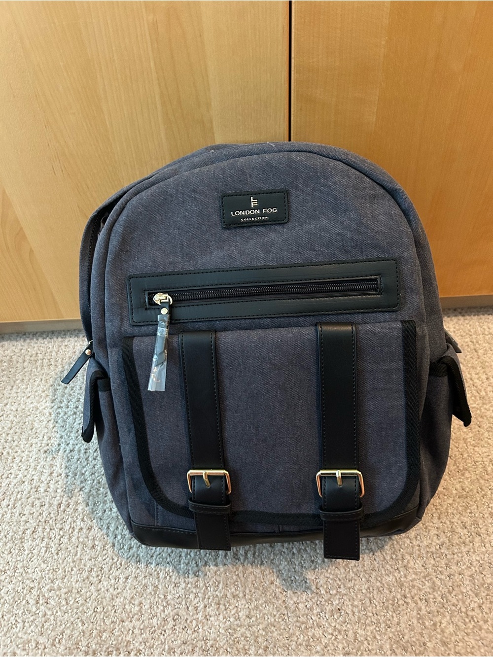 London Fog Gray Canvas Travel Backpack with Leather Accents